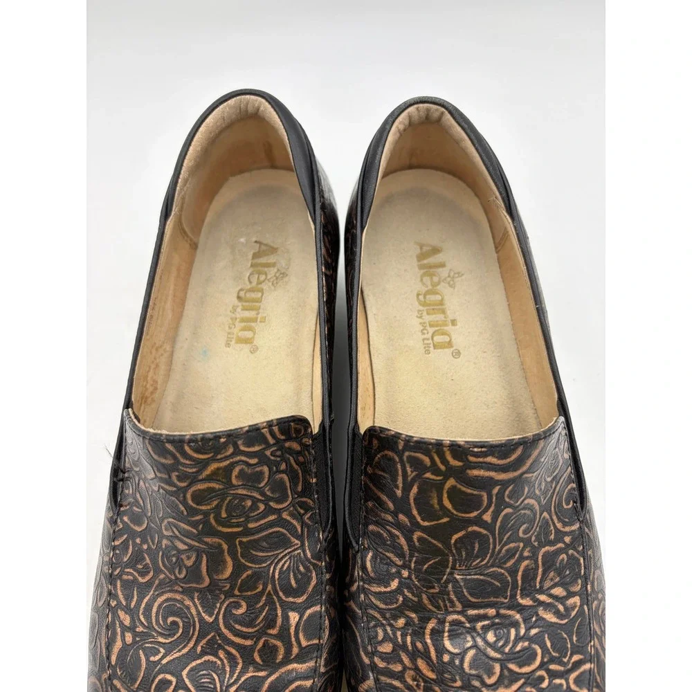 Alegria Emma Bronze Rose Embossed Floral Leather Wedge Black Women 9.5-10 EU 40
